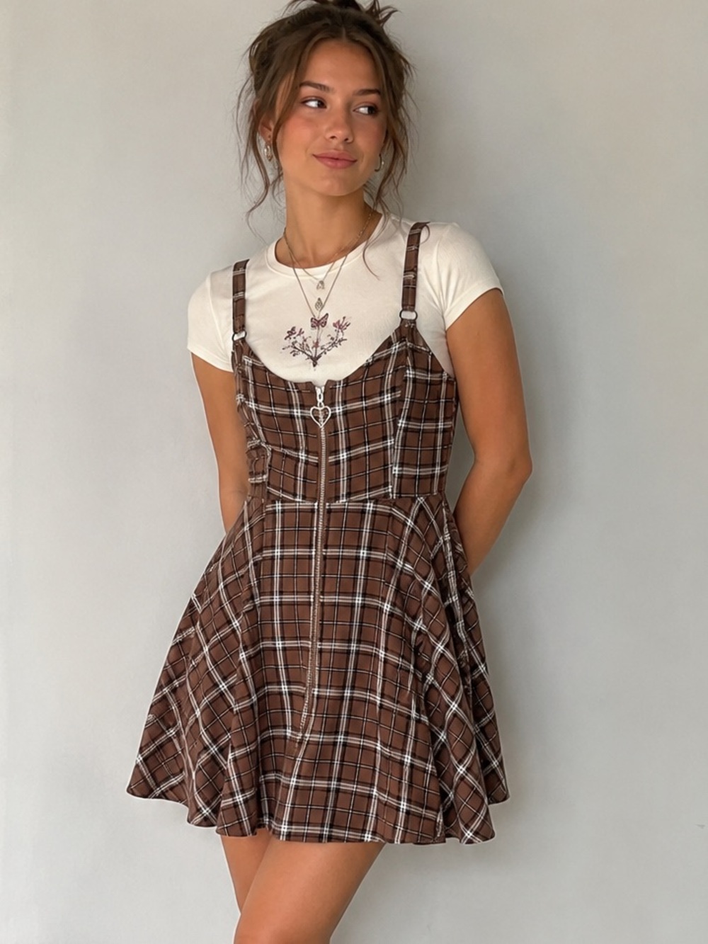 Y2K Plaid Skater Dress sz M Brown Grunge Fairycore Zip Front Pinafore Mini Dress